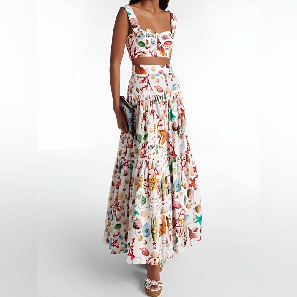 Commense Size L Seashell Starfish Printed Pleated Full Maxi Skirt